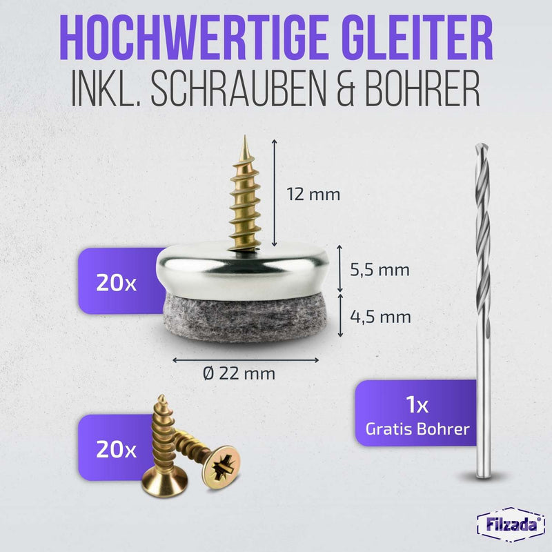 20x Filzgleiter Schraube (Ø 22 mm)